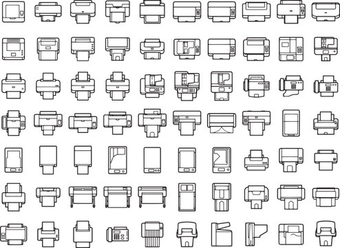A schematic collection of various printing devices, designed in minimalist style. Illustrating a comprehensive overview of printing technology.