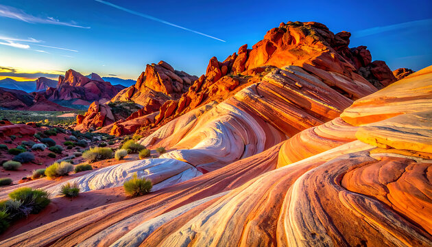 Vibrant sandstone formations at sunrise, showcasing colorful striped rock layers and desert landscape, golden hour light, natural beauty, geological wonder