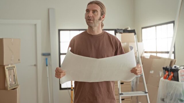 Man holding a large blueprint with both hands amid packed moving boxes, ladder and framed picture inside a building; renovation planning thoughtful.