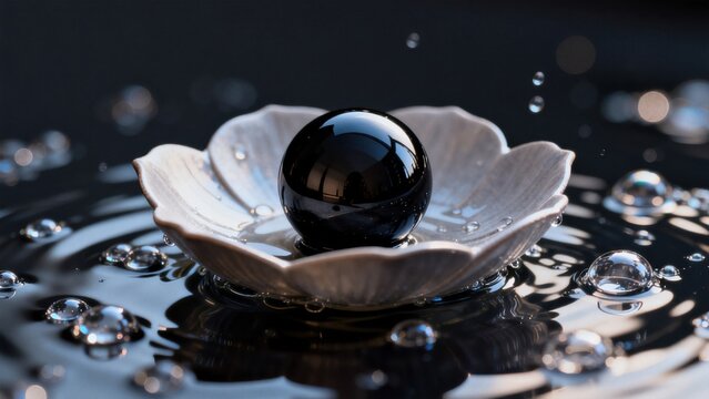 Black sphere in flower shaped dish with water