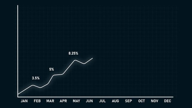 Modern financial growth chart showing monthly percentage increase from January to December with glowing line graph on dark grid background