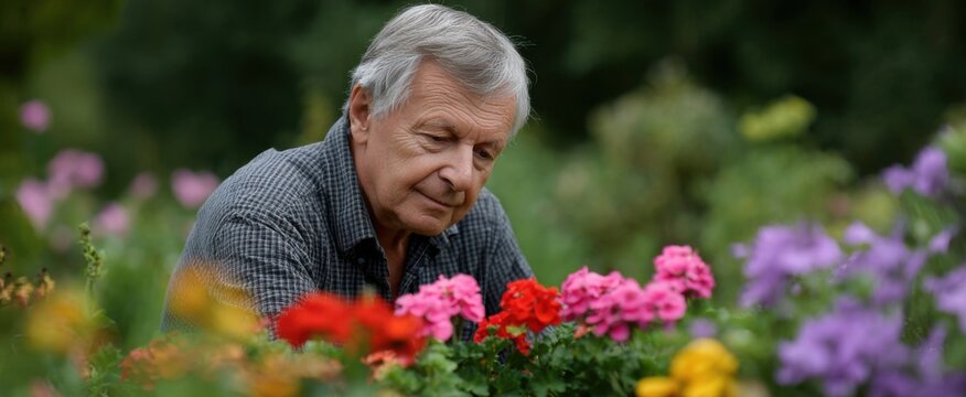 elderly man lovingly nurtures vibrant flowers finding joy in every bloom