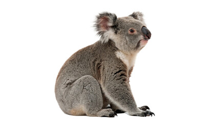 Adorable grey wild koala sitting on a branch with fluffy fur and black nose for wildlife isolated on transparent background cut out © 1png-stock
