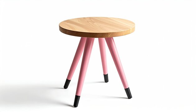 Wooden top stool with three pink legs tipped in black, on white