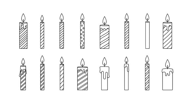 Candle icons set with multiple wick styles and stripe patterns, doodle line art on clean white background