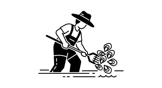 Oyster farmer harvesting shellfish with a rake, featuring a clean bold outline and modern UI style. Perfect for sustainable aquaculture blogs and marine industry educational materials.