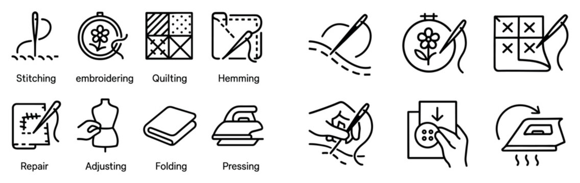 Sewing icons with needle thread iron outline