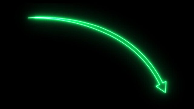 Glowing Blue Curved Arrow Down on Dark Background &ndash; Neon Decline Trend, Falling Graph, Business Loss, Financial Decrease, Data Analytics Concept