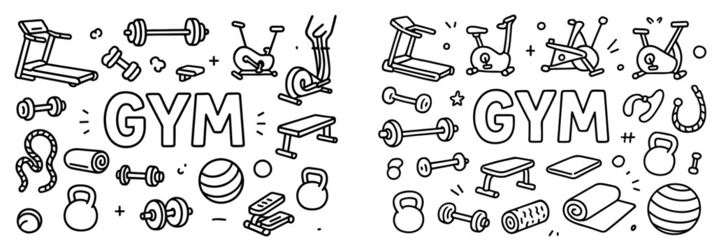 Fitness icons with treadmill kettlebell dumbbell outline