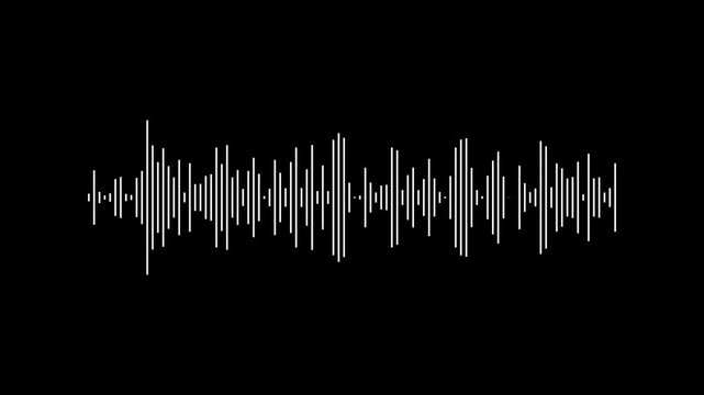 Digital sound waves on black background. White audio waves on black. Sound waves or audio waveform. Voice and conversation recording, soundtrack and music visualization.