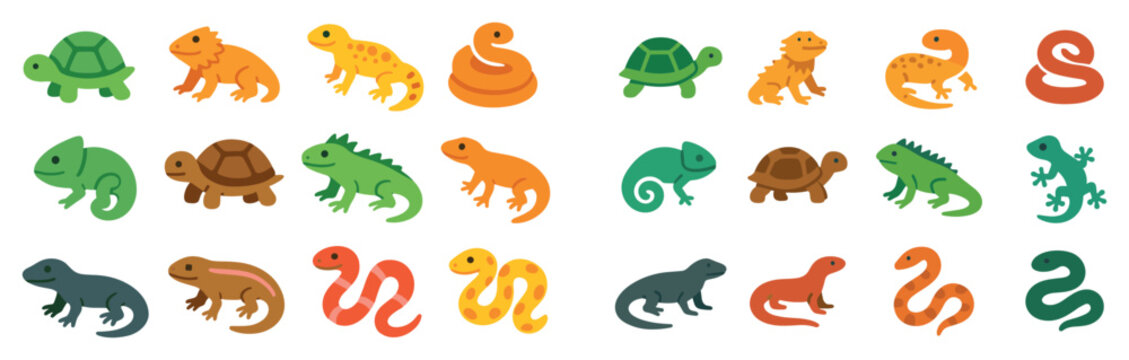 Reptile icons with turtle lizard snake colorful