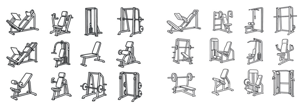 Gym icons with machine bench pulley outline monochrome