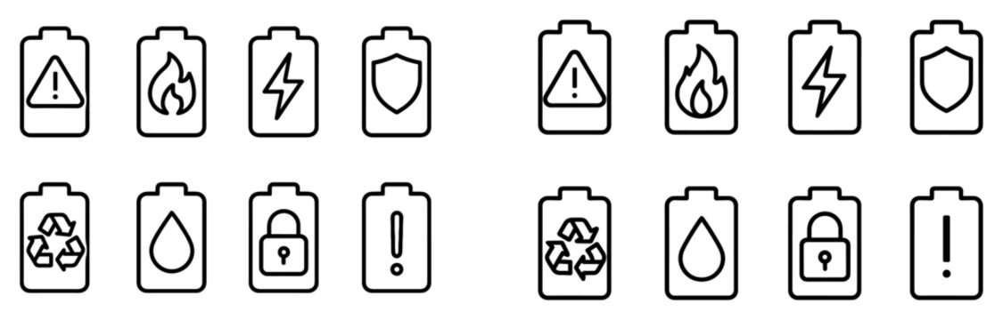 Battery icons with flame bolt shield outline