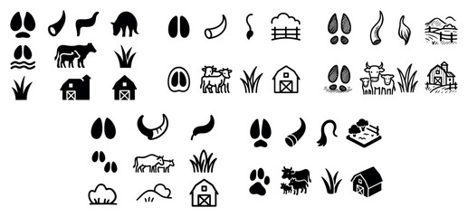 Obraz premium Farm icons: animals, barns, fields