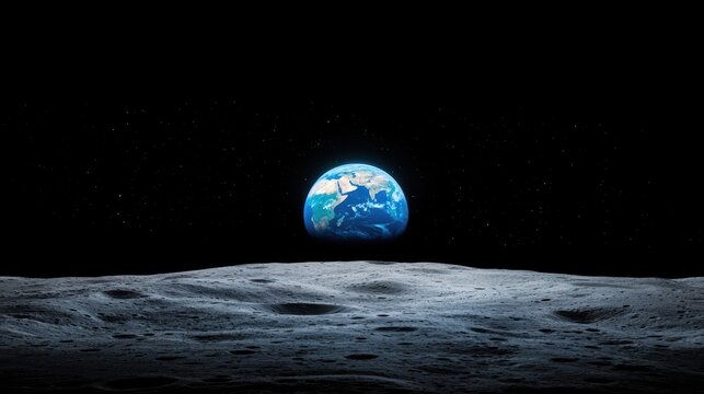 earth orbit Earth viewed from the moon, craters and lunar surface in the foreground, showcasing the earth position in space