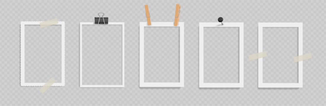 Realistic rectangular frames in vertical orientation. Vector blank photo placeholders set. Borders attached using clothespins and pushpins, binder clips and adhesive tapes. Gallery decoration elements