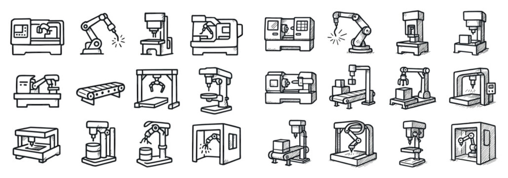 Workshop machine icons with drill press lathe outline