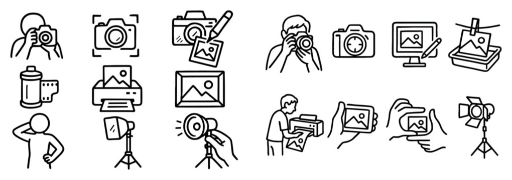 Photography icons with camera and tripod outline