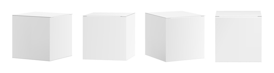 Naklejka premium 3D mockups of packaging box with clean surface. Vector realistic set of isolated closed carton containers. Square storage packs or delivery parcels. Professional cartonpack and commercial use