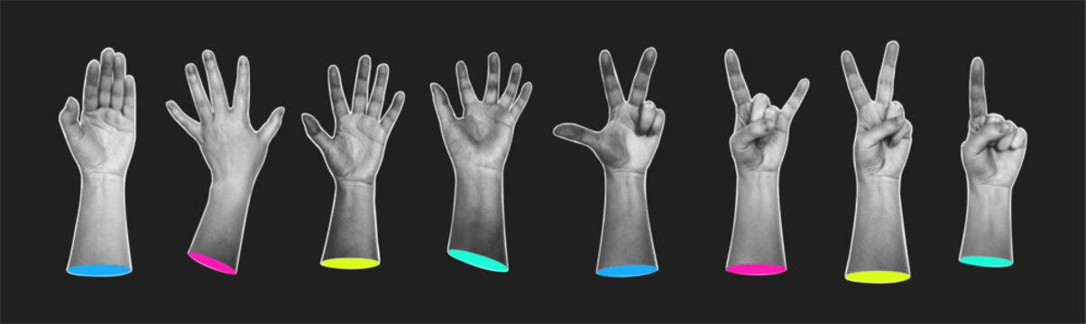 Stylized grayscale hands in peace signs and open gestures. Vector isolated collection of non verbal elements of communication. Waving or showing stop sign, protecting or greeting, peace and pointing