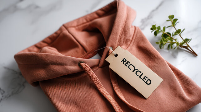 Hyper-realistic commercial stock photography, high resolution, sharp focus, clean image. A small cardboard tag with the text "RECYCLED" attached to the neck of a soft terracotta-co