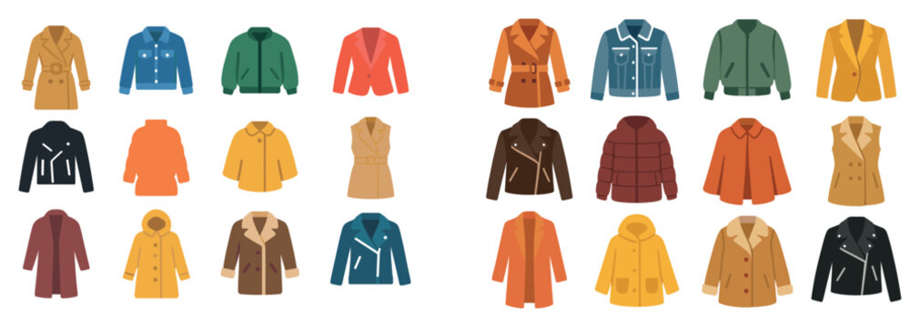 Clothing icons with coat jacket parka flat colorful