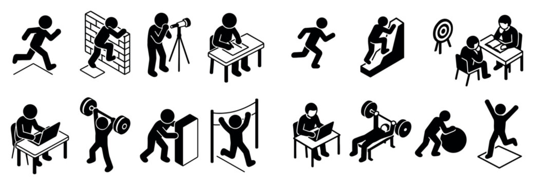 Fitness icons with runner climber weightlifter outline