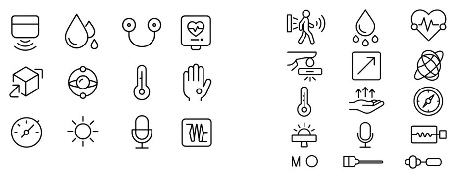 Health icons with heart thermometer microphone outline