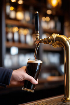 Hyper-realistic commercial stock photography, high resolution, sharp focus, clean image. A hand pulling a classic tap handle in a dark traditional pub. A pint of dark stout is bein