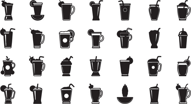 Collection of various drink icons in black and white, showcasing different beverage types and glass designs.