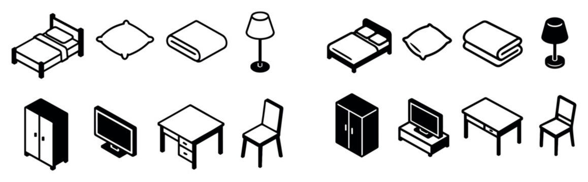Bedroom icons with bed pillow lamp isometric