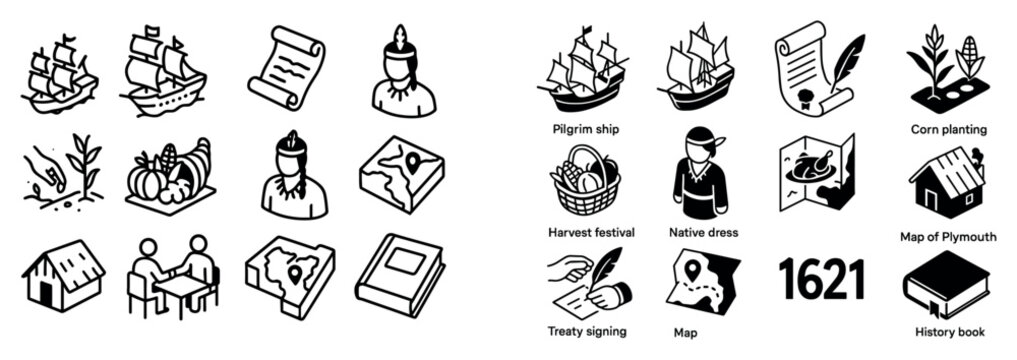 Colonial history icons with ship scroll map outline