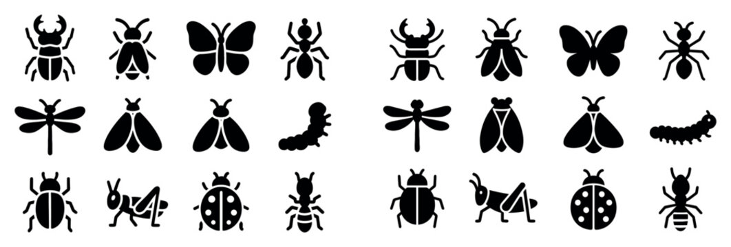 Insect icons with beetle butterfly ant silhouette