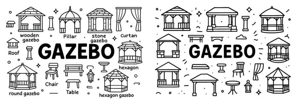 Garden icons with gazebo bench pillar outline