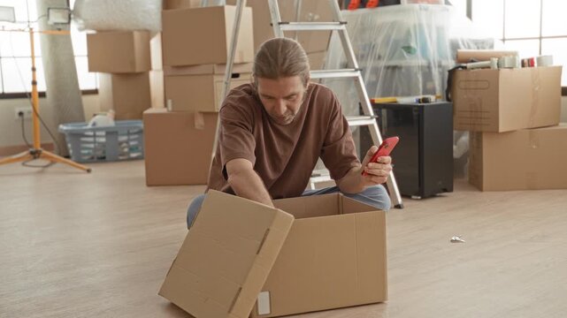 Man with tied hair reaching hand into cardboard box while holding red smartphone amid stacked moving boxes and ladder in building; concentration moving transition.