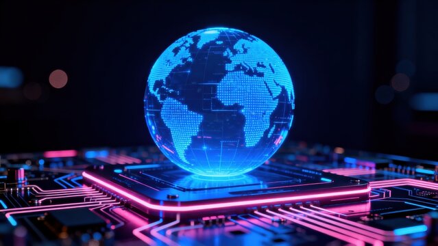 Glowing digital globe on circuit board