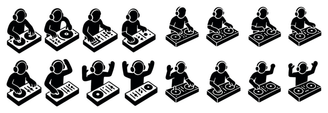 Music icons with dj and turntables silhouette glyph