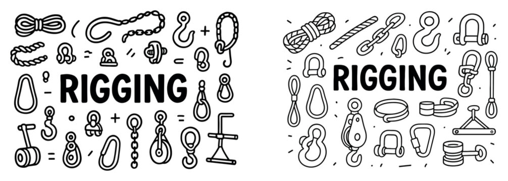 Rigging icons with hook pulley rope outline