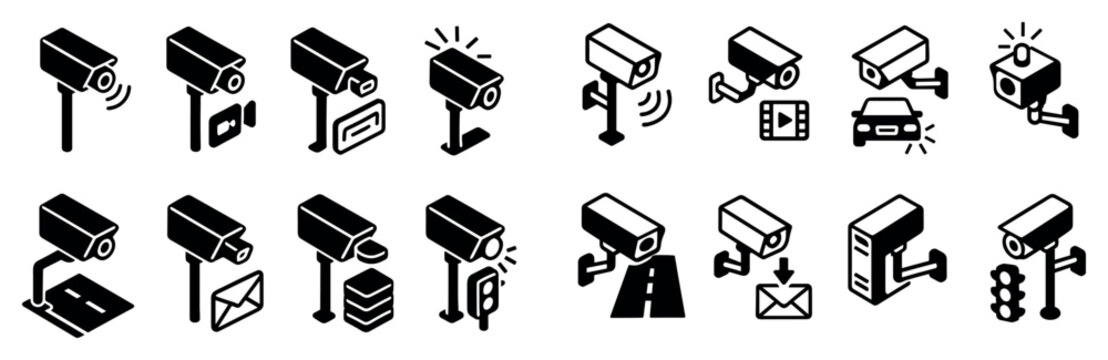 Surveillance icons with camera monitor road isometric