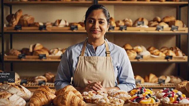 This captures a baker standing behind a counter filled with an assortment of pastries and bread in a bakery setting, highlighting the variety of dairy products and culinary delights available.
