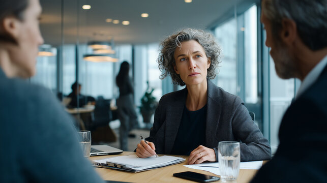 meeting table with a composed but tense expression, one hand on a closed folder, the other holding a pen. Across from her, a middle aged HR manager in a dark suit leans forward wit