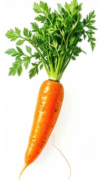 Bright orange root vegetable with vibrant green leafy top and thin taproot