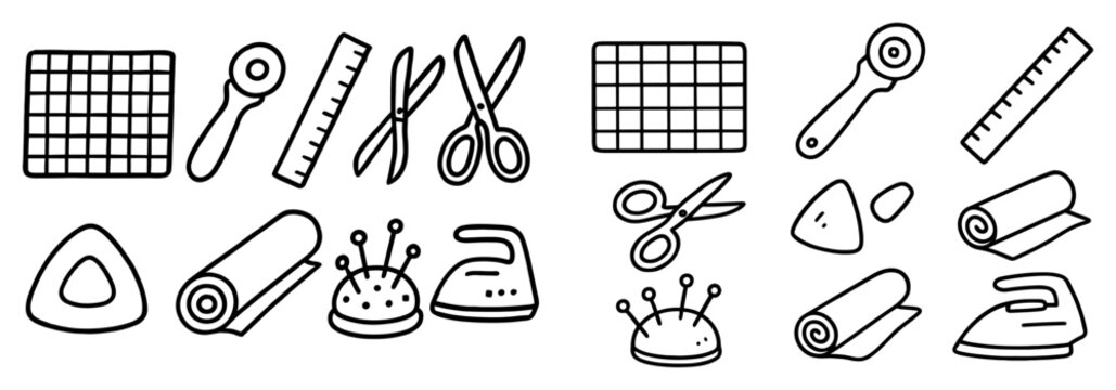 Sewing icons with scissors iron pin cushion outline