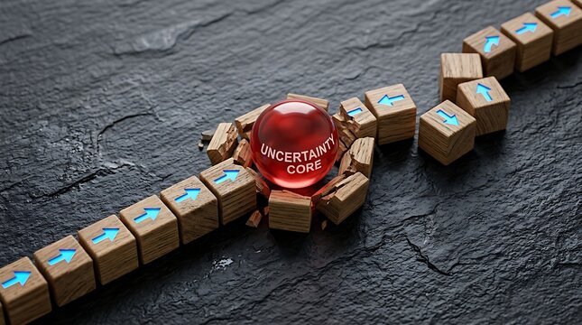 Red crystal sphere 'uncertainty core' shattering wooden blocks with blue arrows.