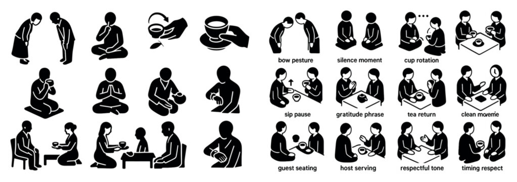 Etiquette icons with bow cup table silhouette