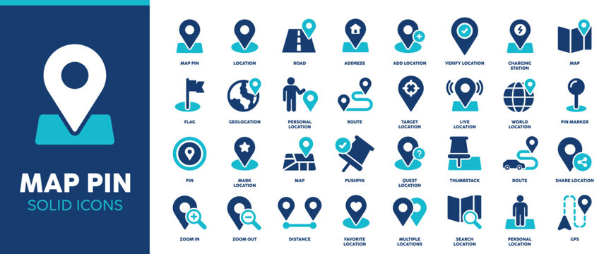 Map pin solid icon set. Containing location, navigation, gps, route, road, map icons. Vector illustration