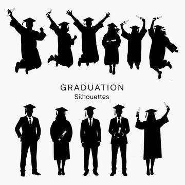 Collection of graduation silhouettes of students jumping and standing