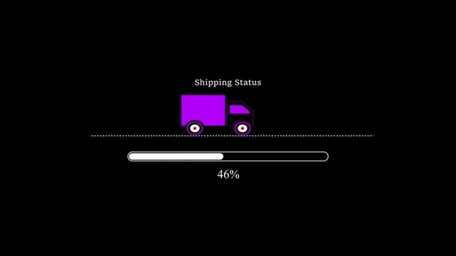Minimalist motion graphic of a shipping Status with a delivery truck icon and a loading bar filling up, and increasing percentage for shipping tracking.