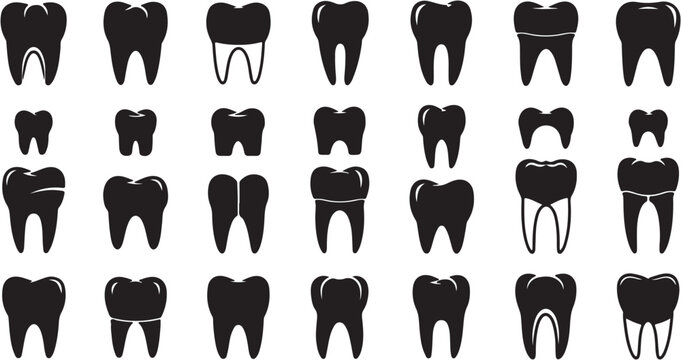 Collection of human teeth silhouettes showing various dental structures and conditions.