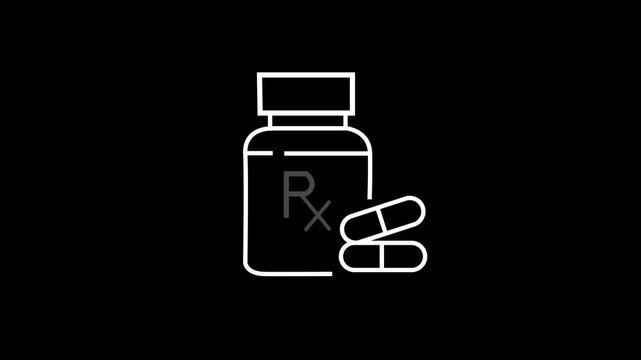 pill animated icon, medicine bottle or vial, often used as a generic icon in healthcare, black background.